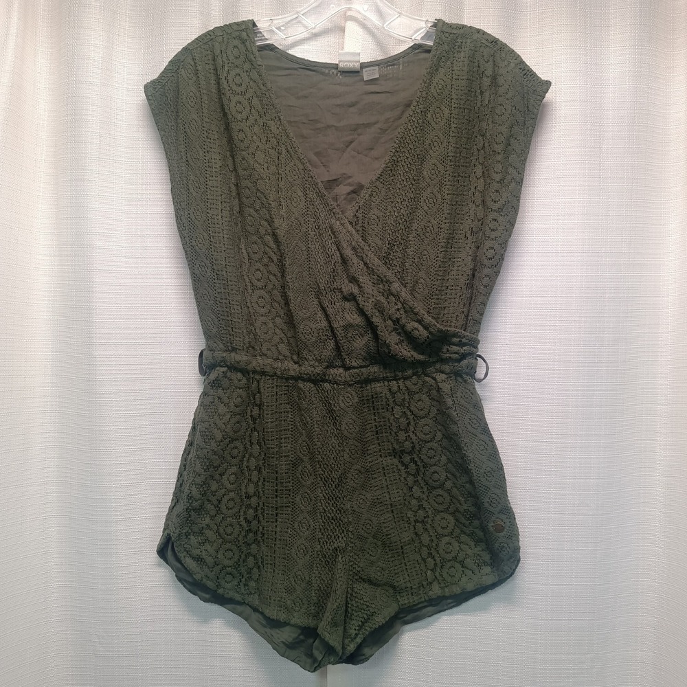 Roxy Womens Olive Green Lace Surplice V-Neck Romper XS Sleeveless Boho Summer